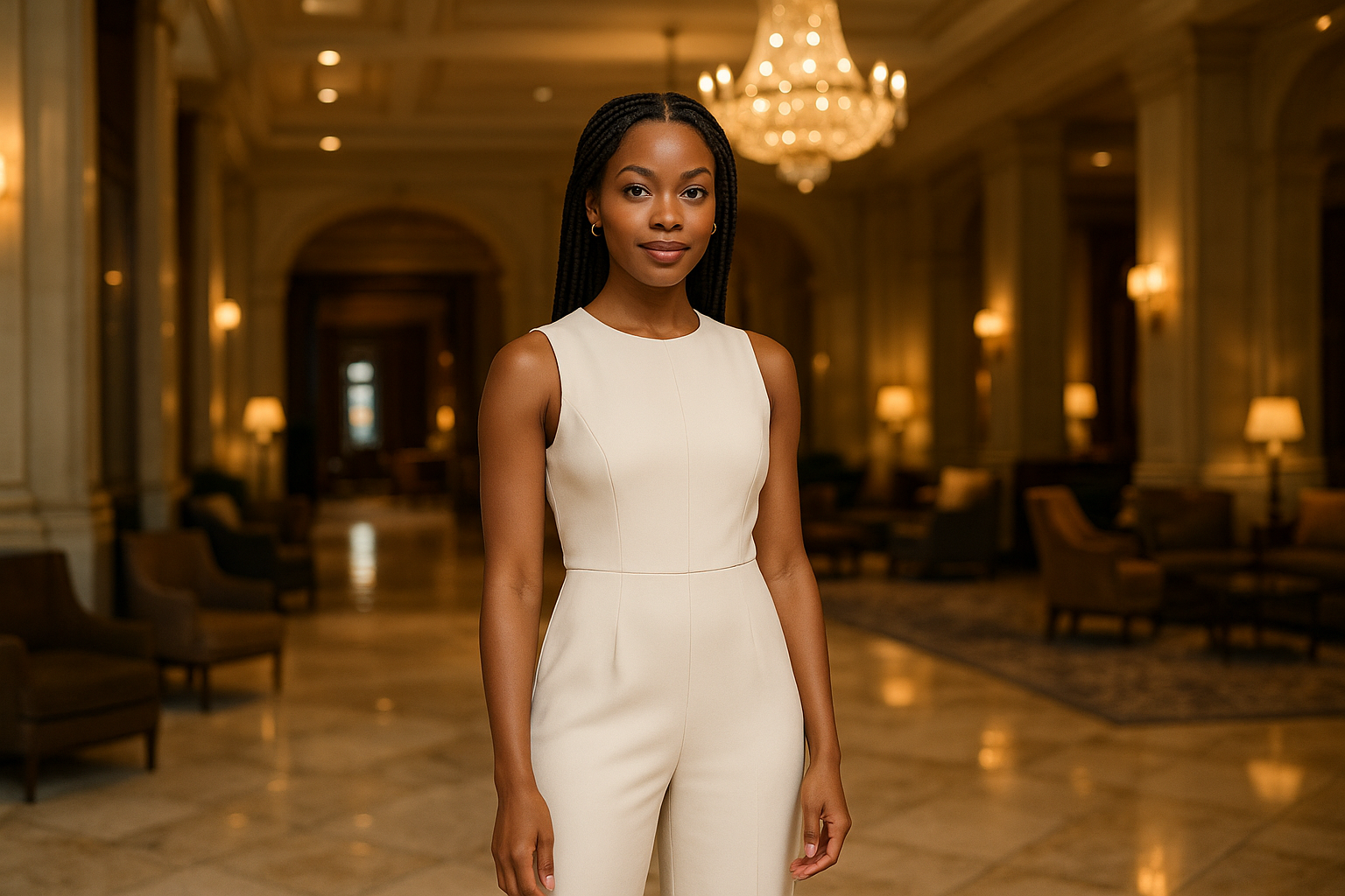 Beautiful African American woman with stylish braids wearing a beautiful cream colored sleeveless jumpsuit. Standing in a gorgeous hotel lobby
