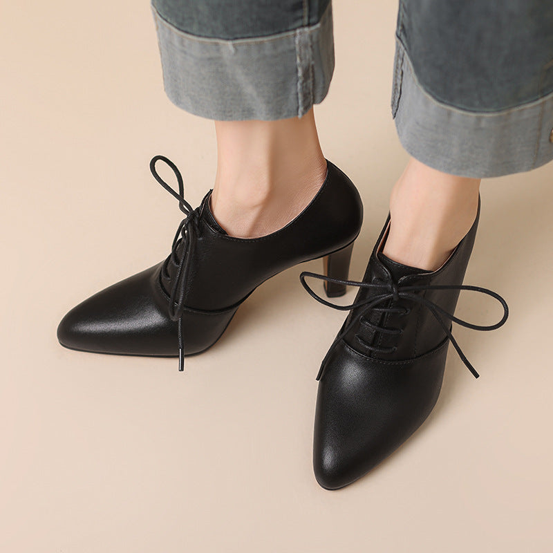 Lace-Up Mid-Heel Leather Pumps - Black