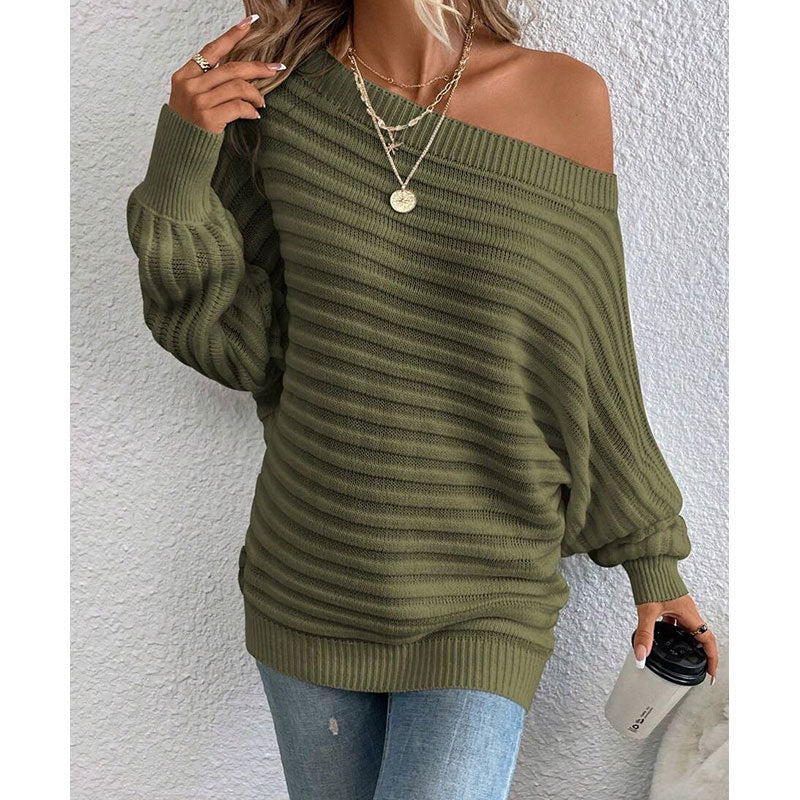 Cozy-Chic Off-Shoulder Sweater - Army Green