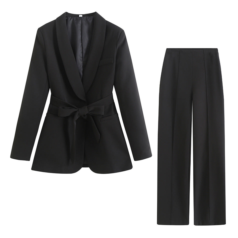 Long-Sleeve Elegant Belted Blazer Pants Set