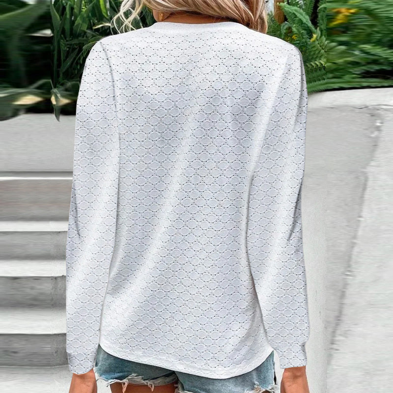 Long-Sleeve Button V-Neck Loose Fit Top - White