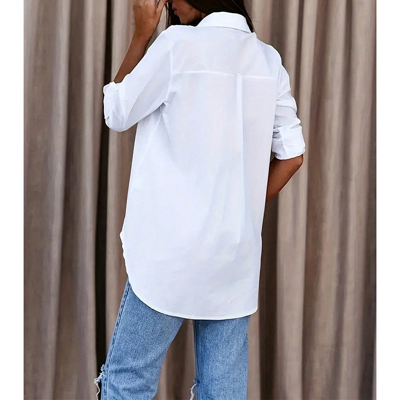 Mid-Length Button-Down Shirt with Roll-Up Sleeve - White