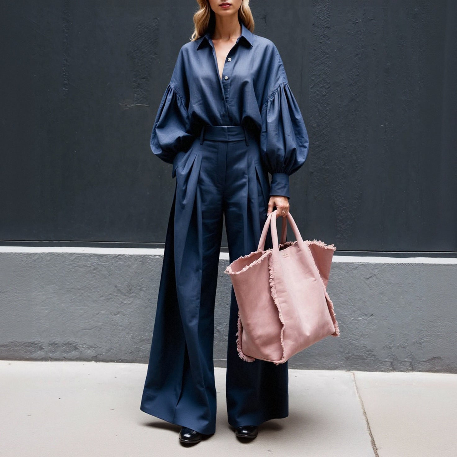 Linen Blend Wide Leg Pant Set Feat. Loose Fit Long-Sleeved Shirt