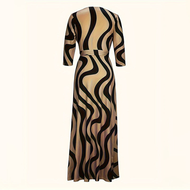 Mid-Sleeve Belted Maxi Dress - Khaki