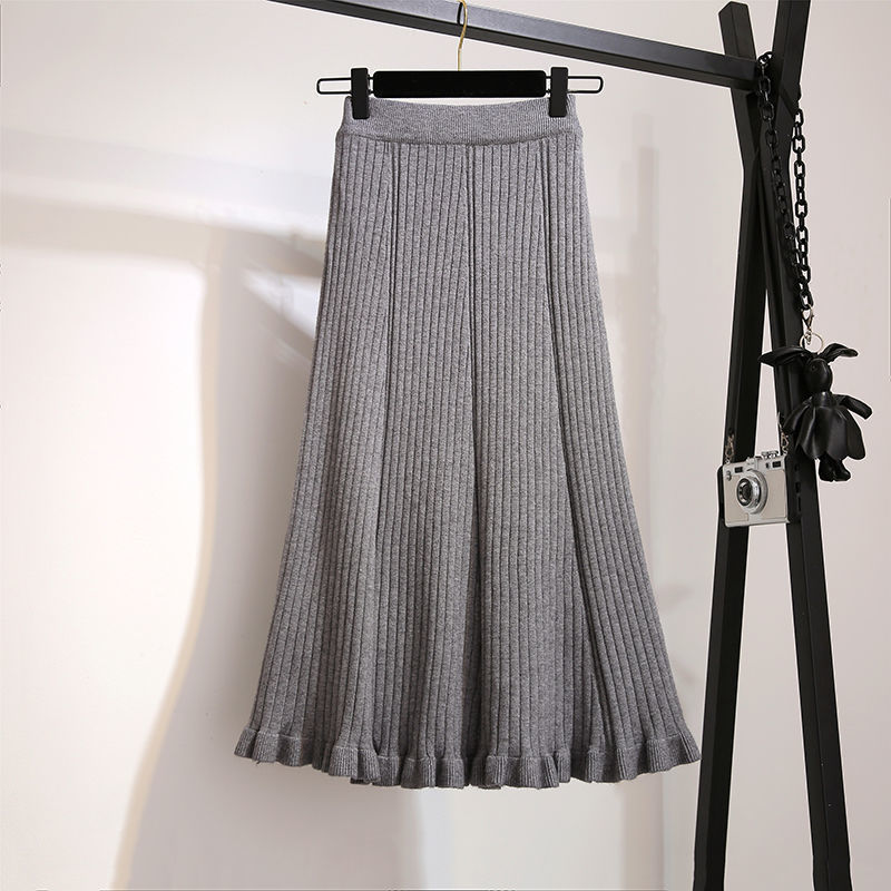 Ruffled Hem Cable Knit A-Line Gray Midi Skirt