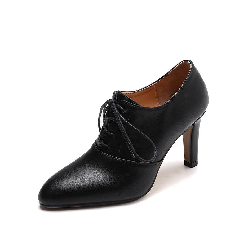 Lace-Up Mid-Heel Leather Pumps - Black