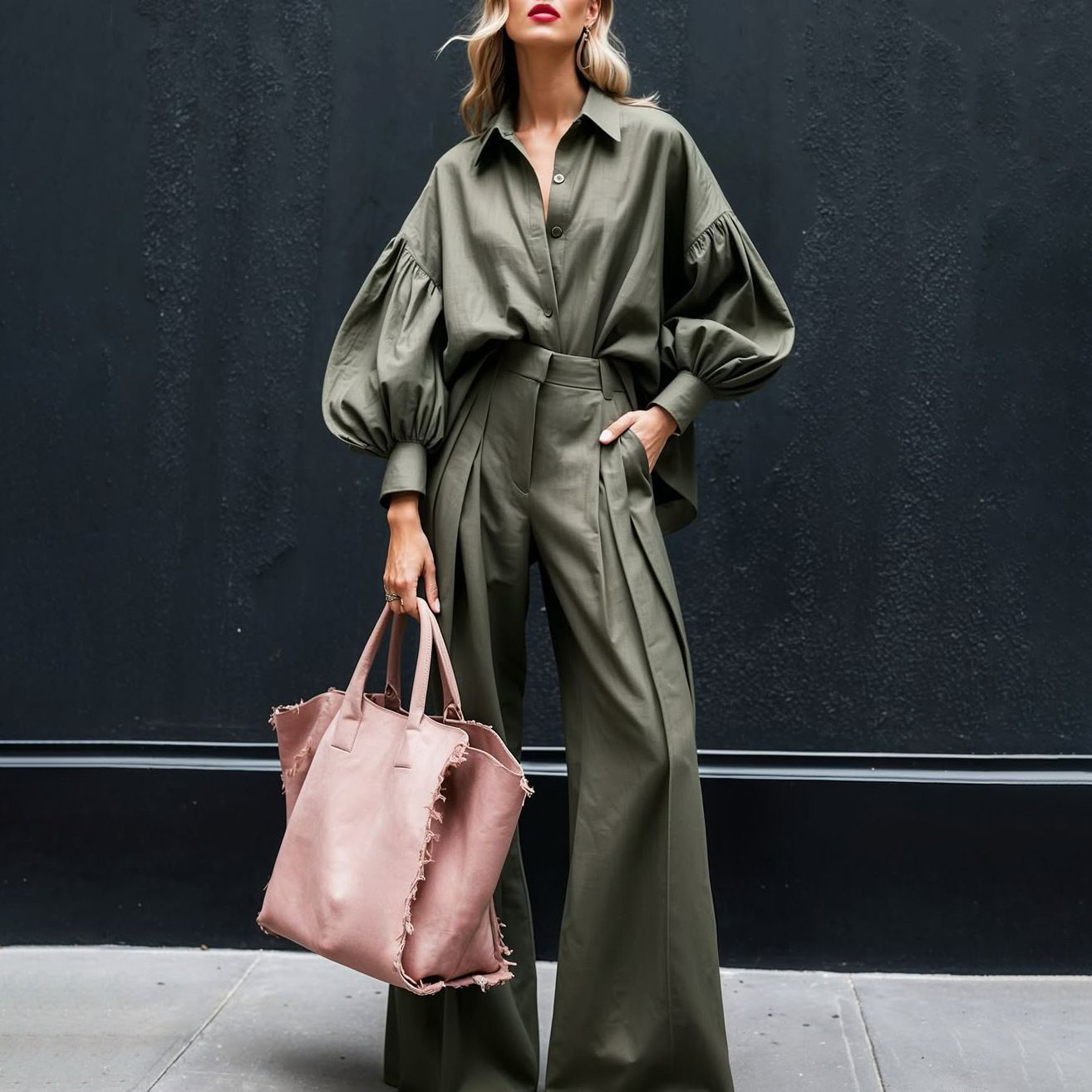 Linen Blend Wide Leg Pant Set Feat. Loose Fit Long-Sleeved Shirt
