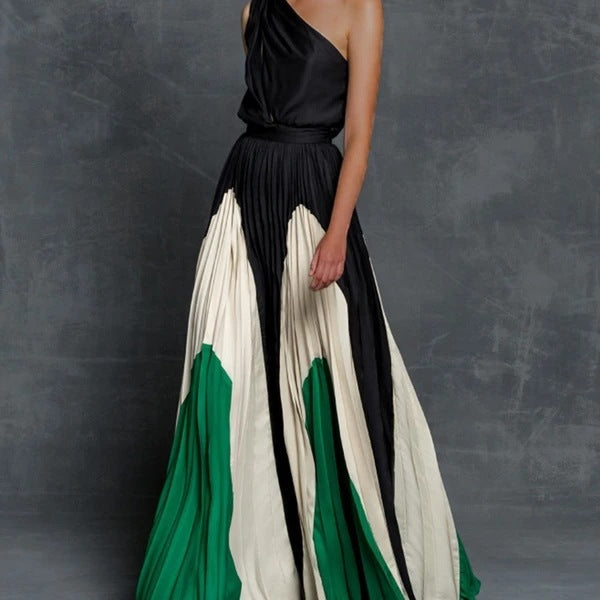 Asymmetric Contrast Color One-Shoulder Maxi Dress