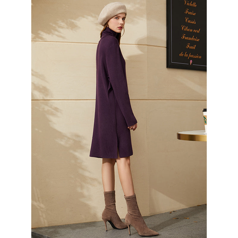 Mod High-Neck Loose Fit Sweater Dress - Deep Purple