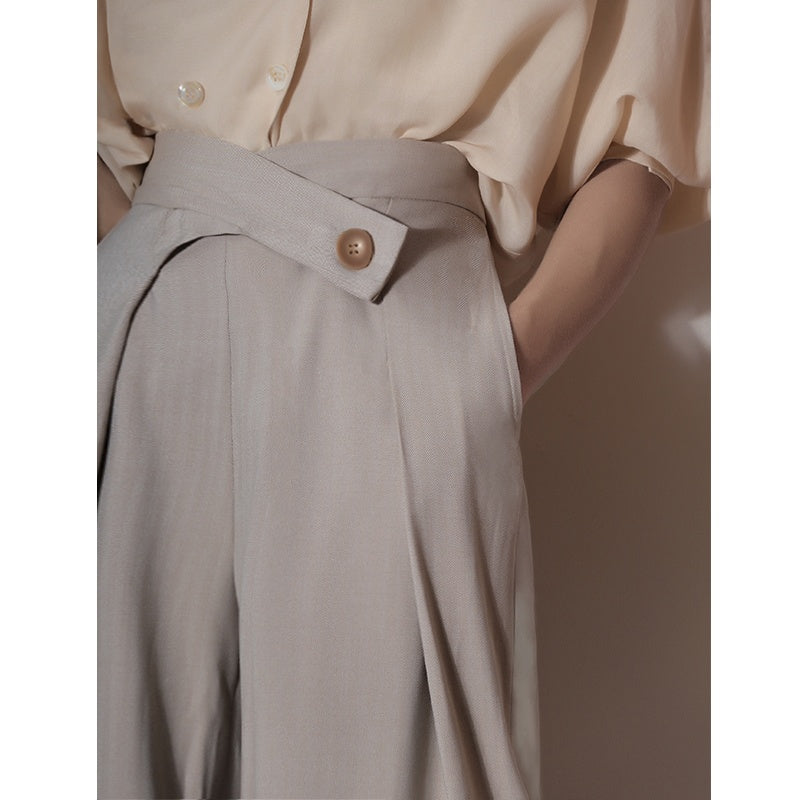 Asymmetric Loose-Fit Pleated Long Trouser Pants