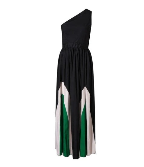 Asymmetric Contrast Color One-Shoulder Maxi Dress