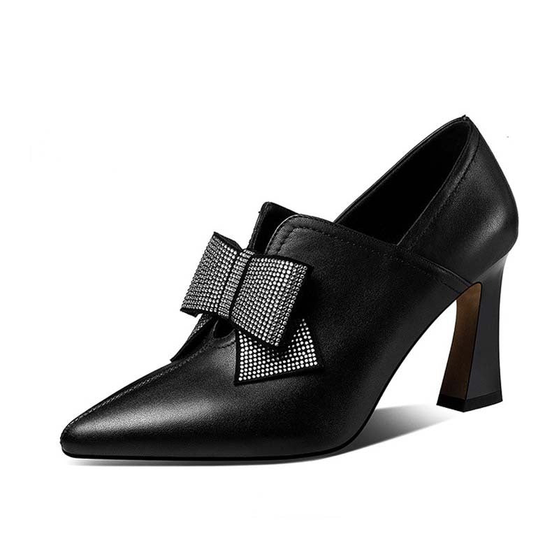 Rhinestone Bow Soft Leather Heels