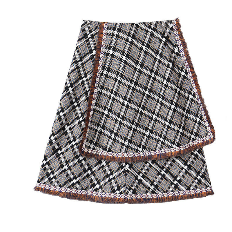 Plaid Fringe-Hem A-Line Midi Skirt