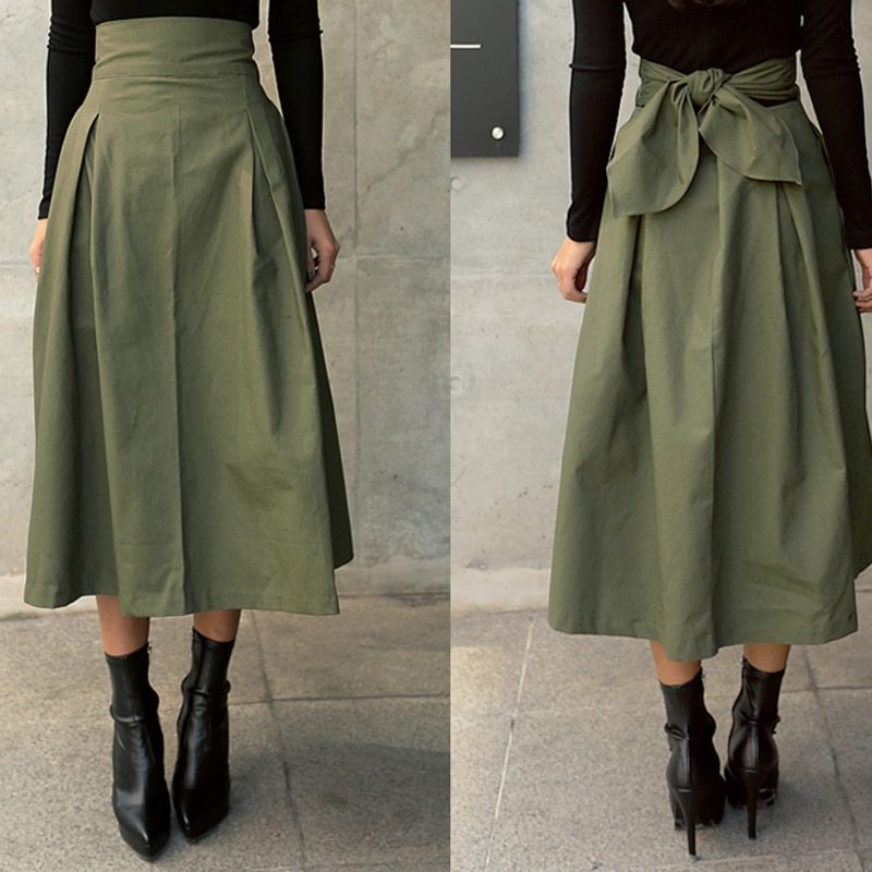 Belted A-Line Midi Skirt with Bow Detail