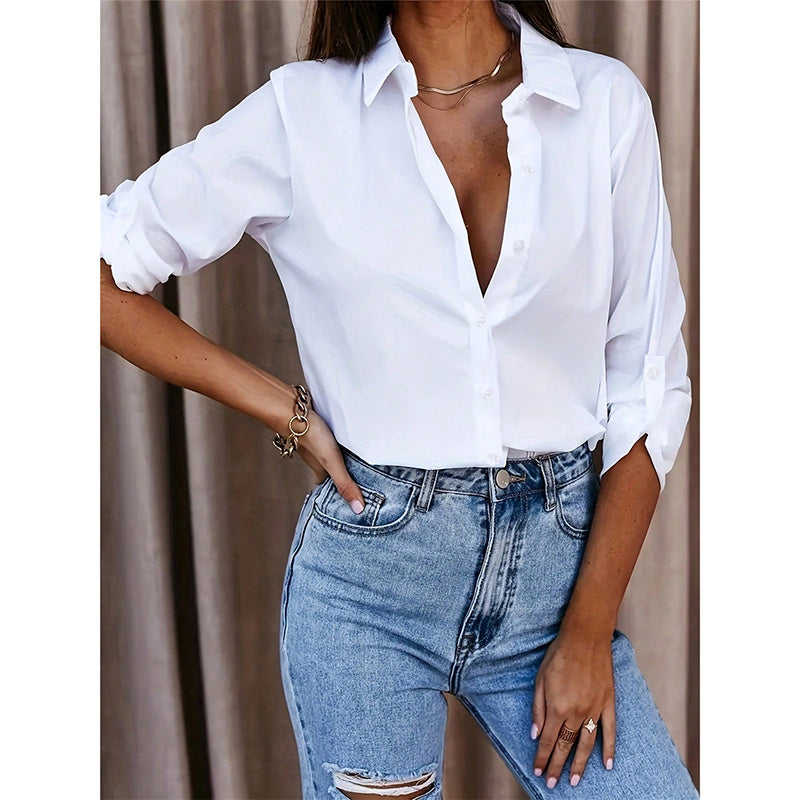 Mid-Length Button-Down Shirt with Roll-Up Sleeve - White