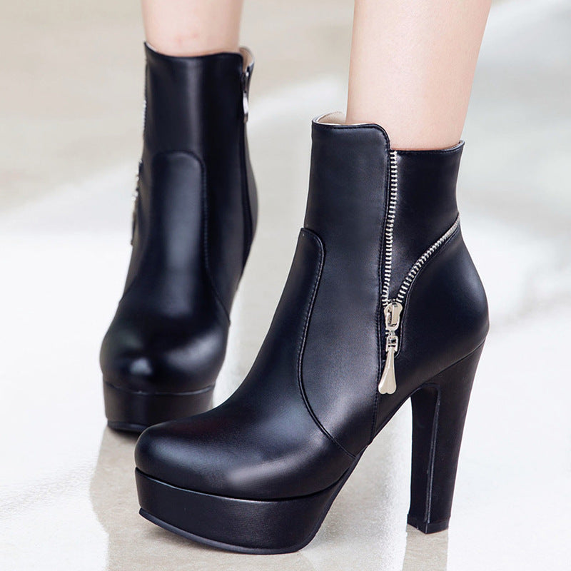 Round Toe High-Heel Soft Leather Ankle Boots - Black