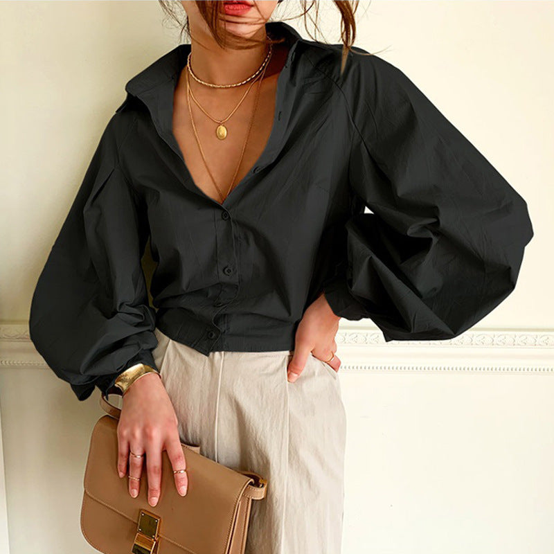 Button-Front Long-Sleeved Blouse with Oversized Collar
