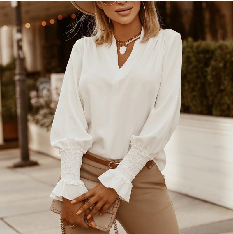 Loose‑Fit V‑Neck Blouse with Cinched Cuff Bishop Sleeves - Apricot