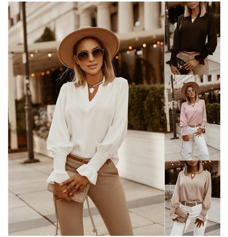 Loose‑Fit V‑Neck Blouse with Cinched Cuff Bishop Sleeves - Apricot