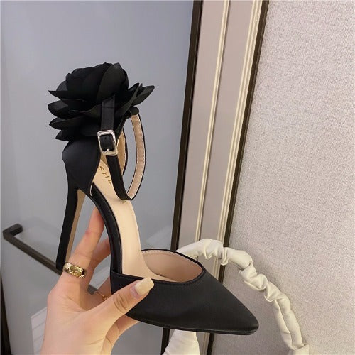 Single-Strap Pointed Heels with Floral Accent - Black