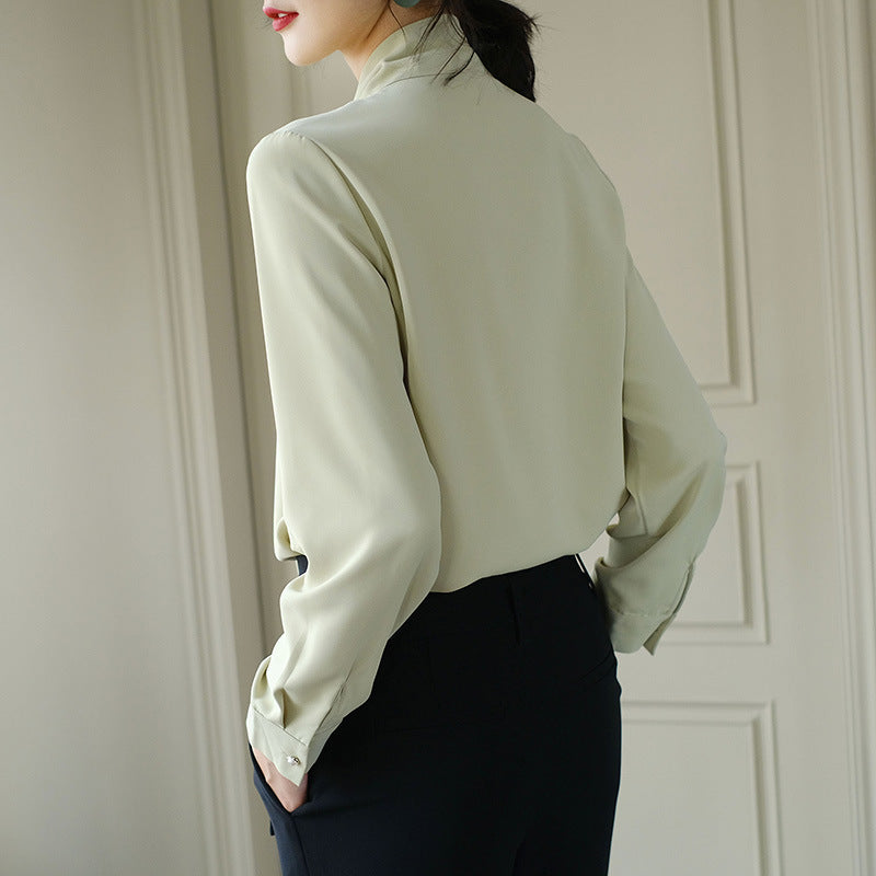 Long-Sleeve Chiffon Shirt with Accent Bow