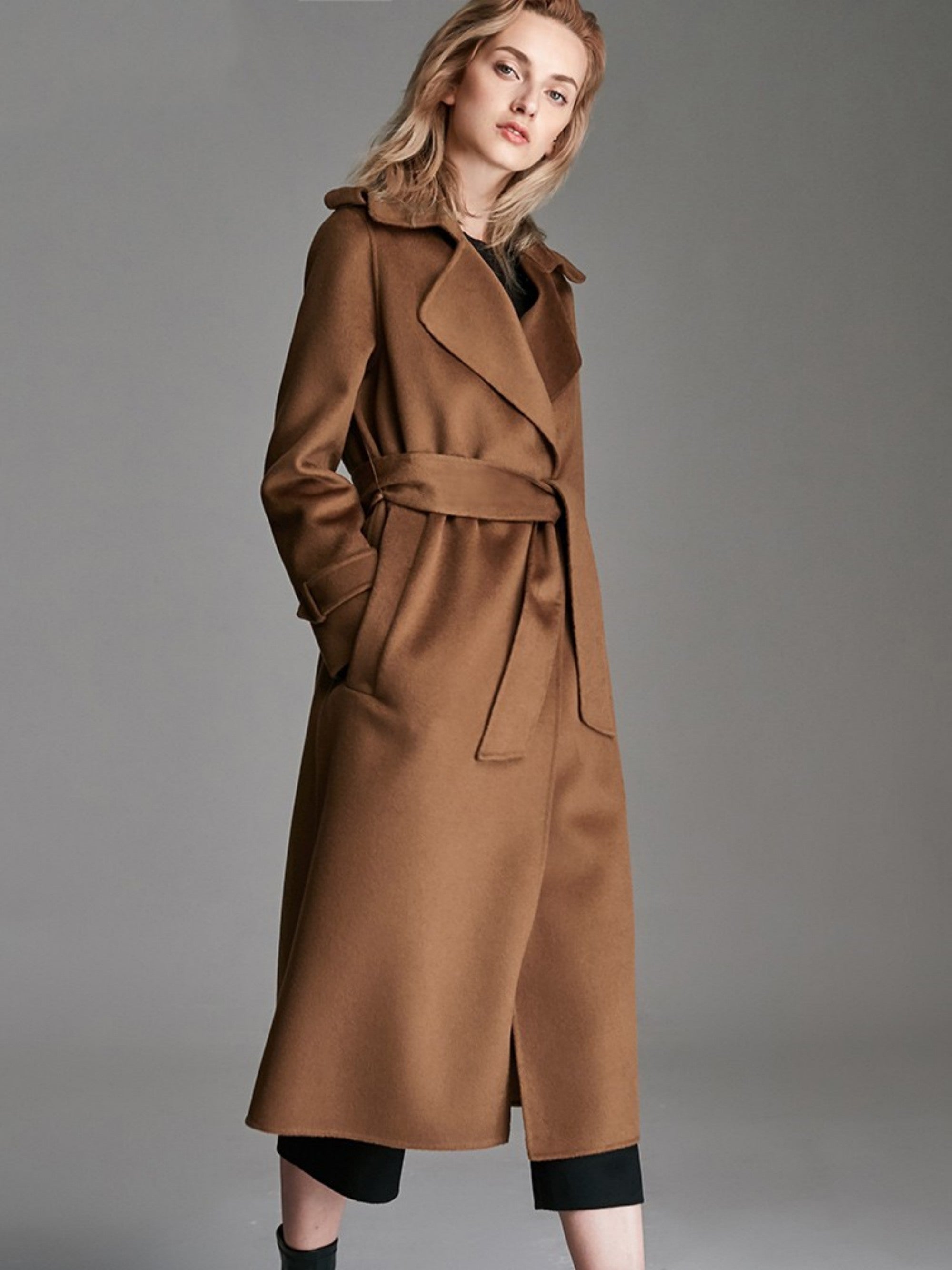 Knee-Length Belted Cashmere Blend Coat