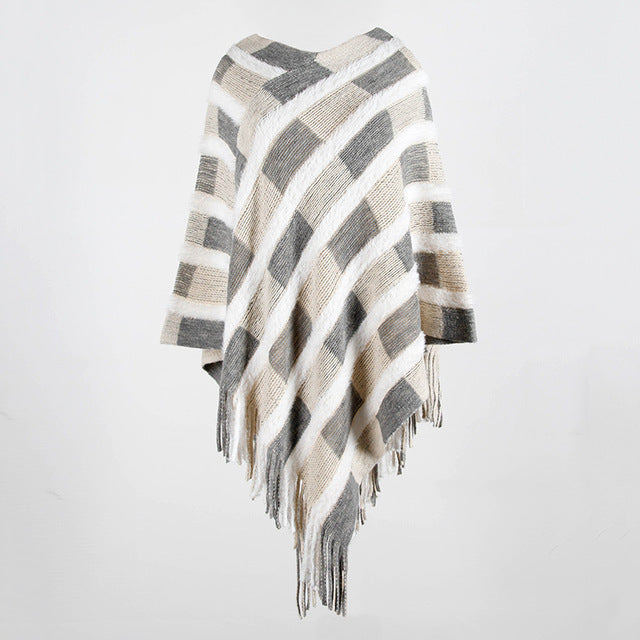 Striped Knitted V-Neck Fringe Shawl