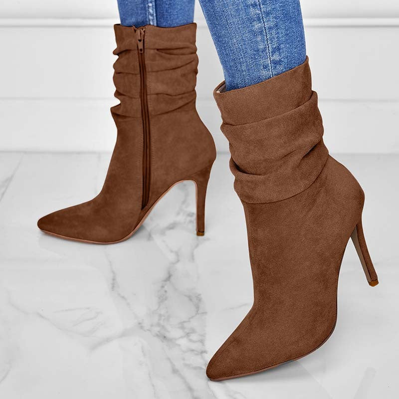 Slouchy Mid-Calf Suede Stiletto Boots - Brown