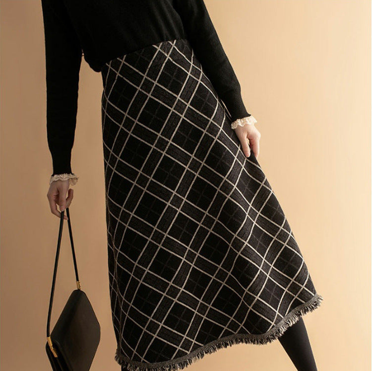 Midi Plaid Wool Skirt - Black