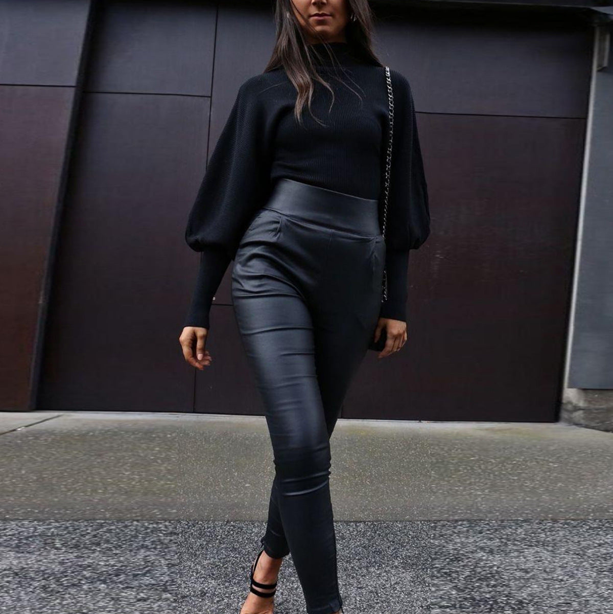 Tailored Knit Sweater with Contoured Bell Sleeves - Black
