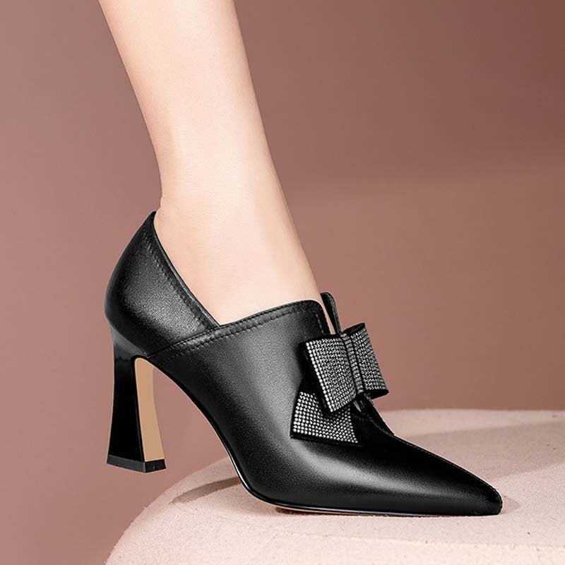 Rhinestone Bow Soft Leather Heels