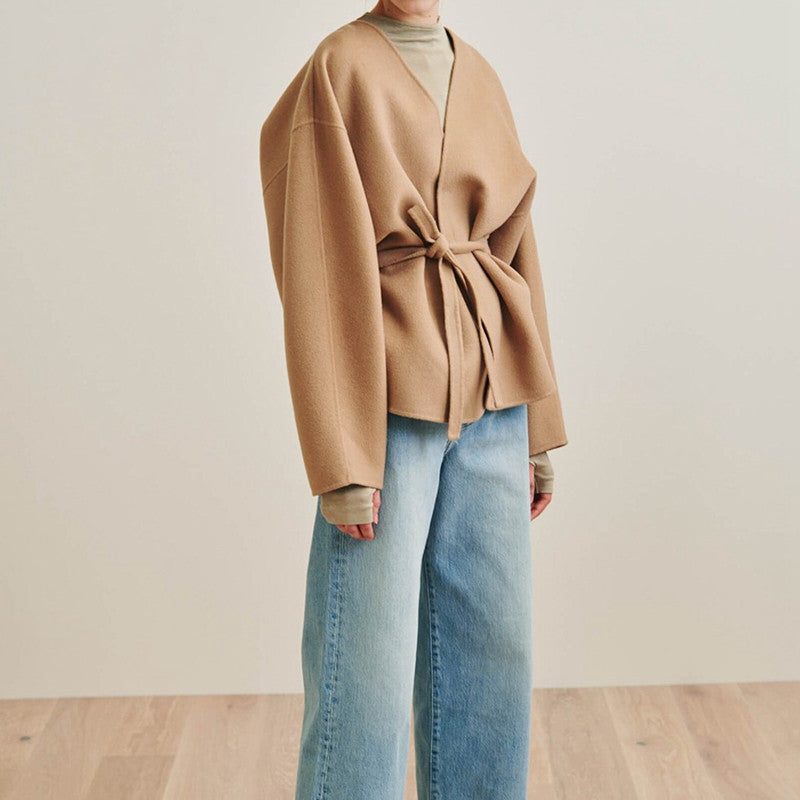 Wrap-Style Layering Belted Cashmere Coat