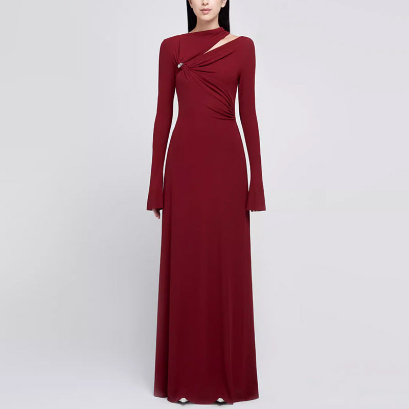 Asymmetrical Slim-Fit Long-Sleeve Maxi Dress - Wine