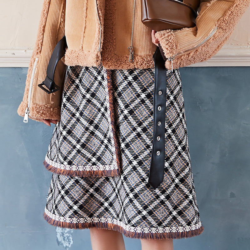 Plaid Fringe-Hem A-Line Midi Skirt