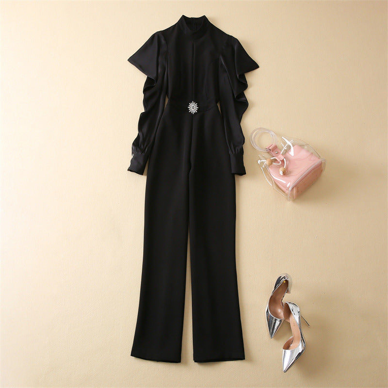 Black Long-Sleeve Cinch Waist Jumpsuit