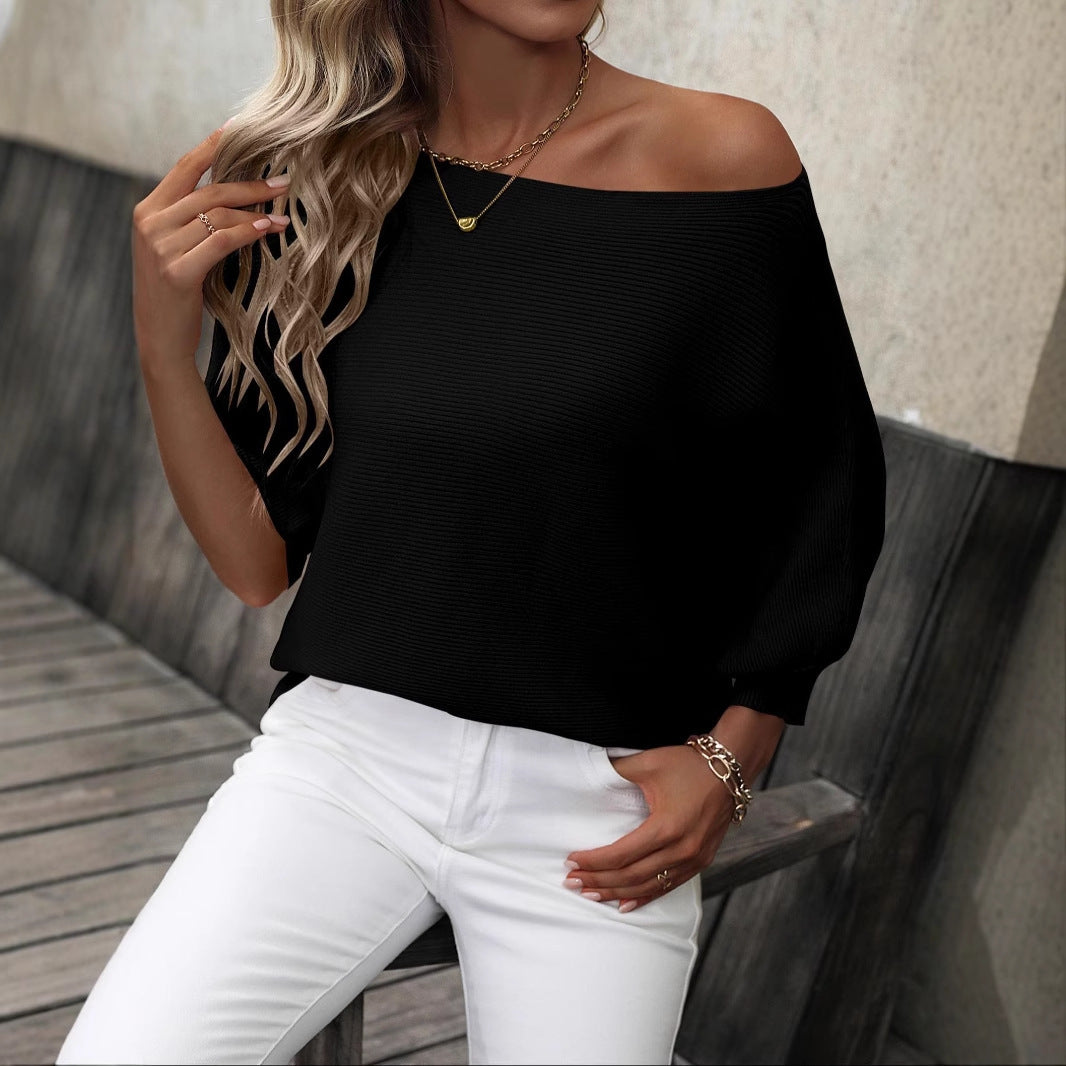 Off‑Neck Sweater with Relaxed Draped Sleeves - Black