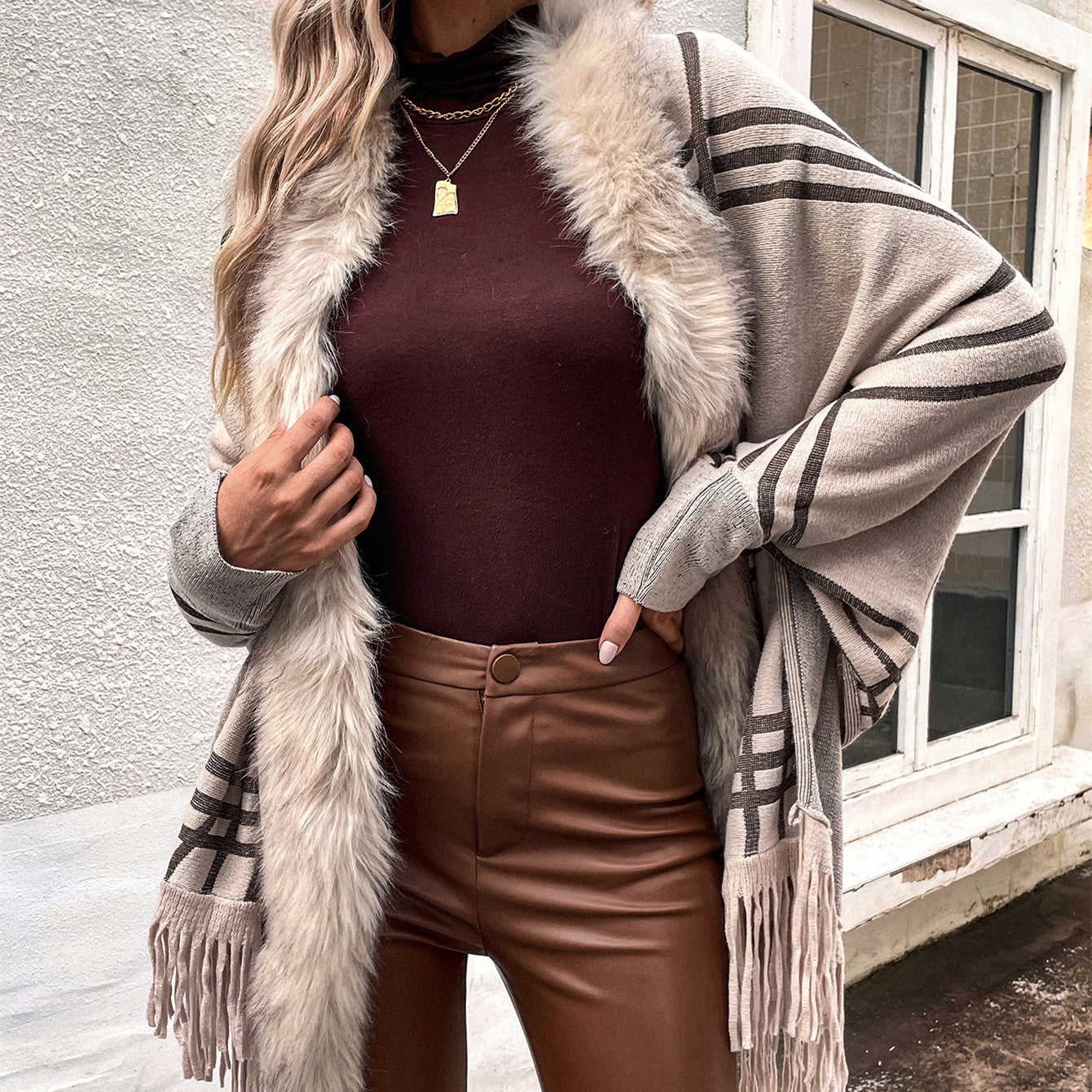 Mosaic Plaid Fur Collared Shawl
