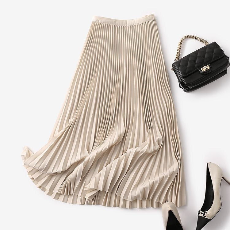 Pleated High-Waist Midi Swing Skirt - Beige