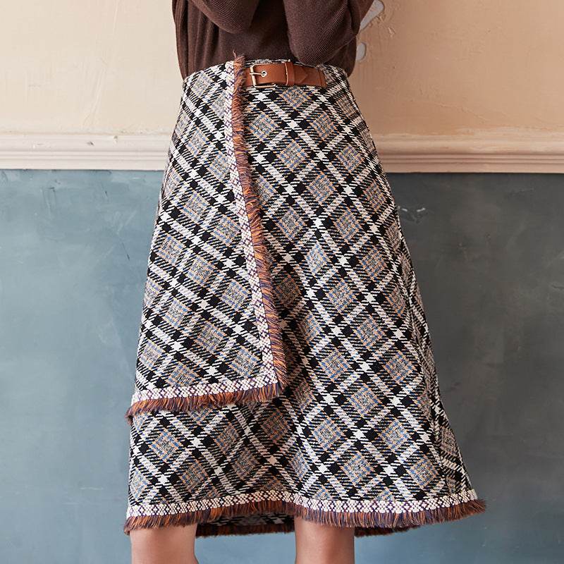 Plaid Fringe-Hem A-Line Midi Skirt