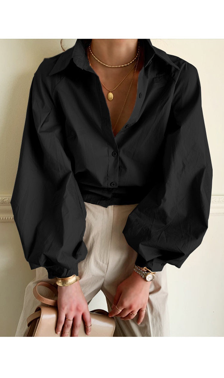 Button-Front Long-Sleeved Blouse with Oversized Collar