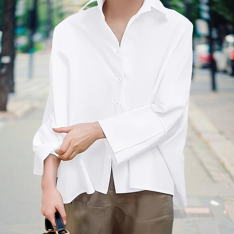 Elegant Button-Down V-Neck Blouse with Puff Sleeve - White