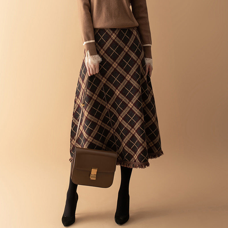 Midi Plaid Wool Skirt - Brown