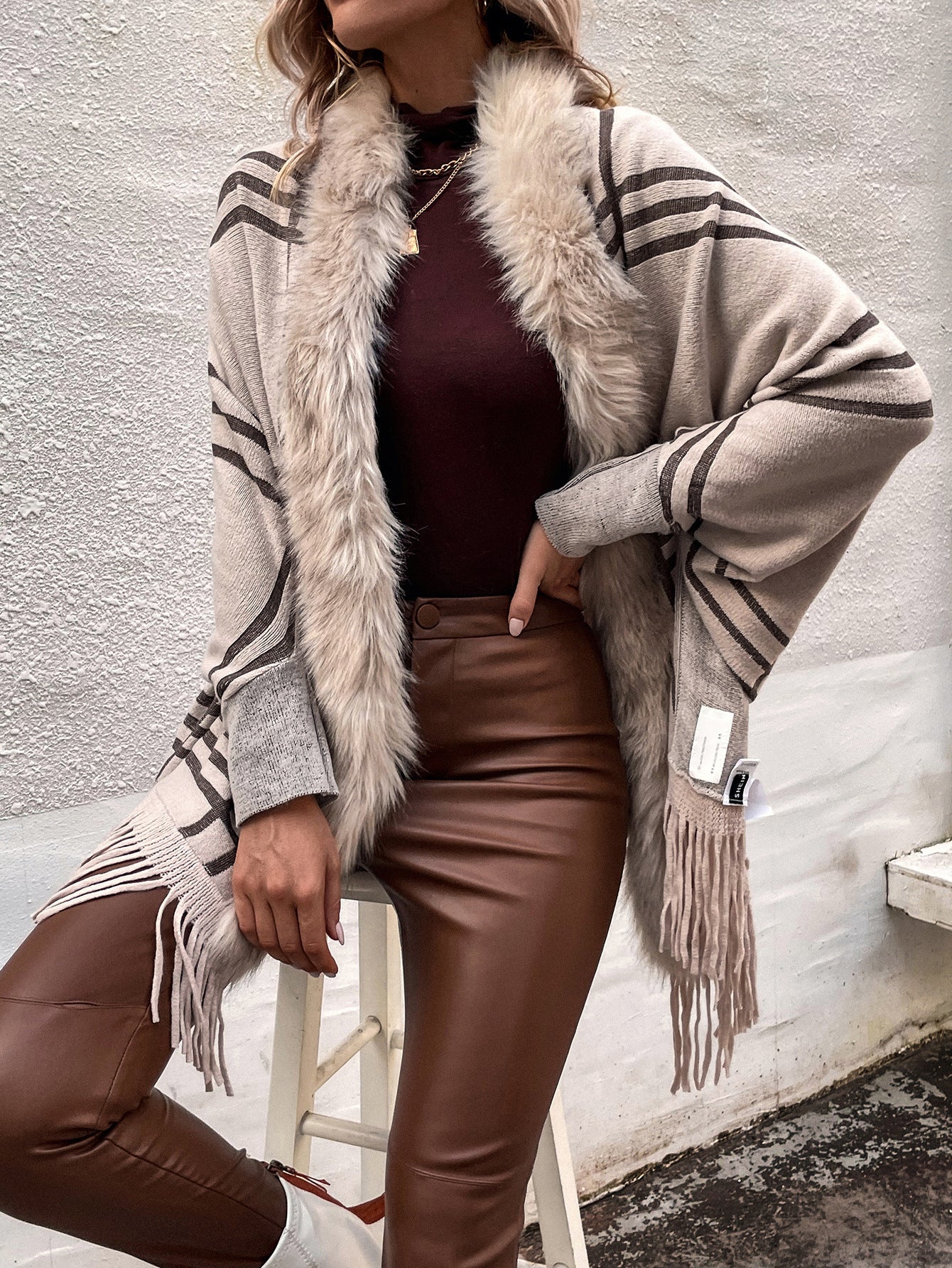Mosaic Plaid Fur Collared Shawl