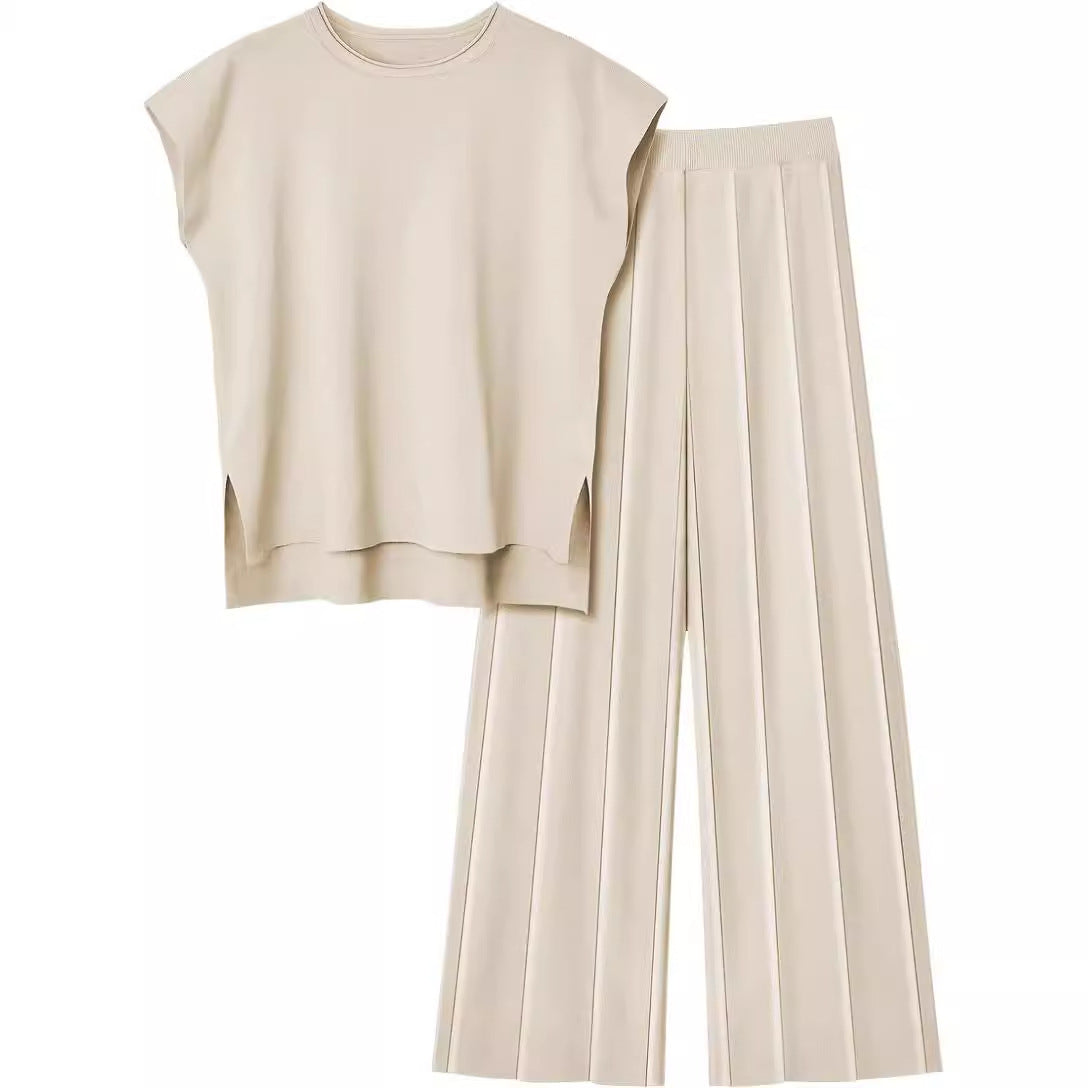 Casual Knit Vest Sweater & Wide-Leg Pants Set - Apricot