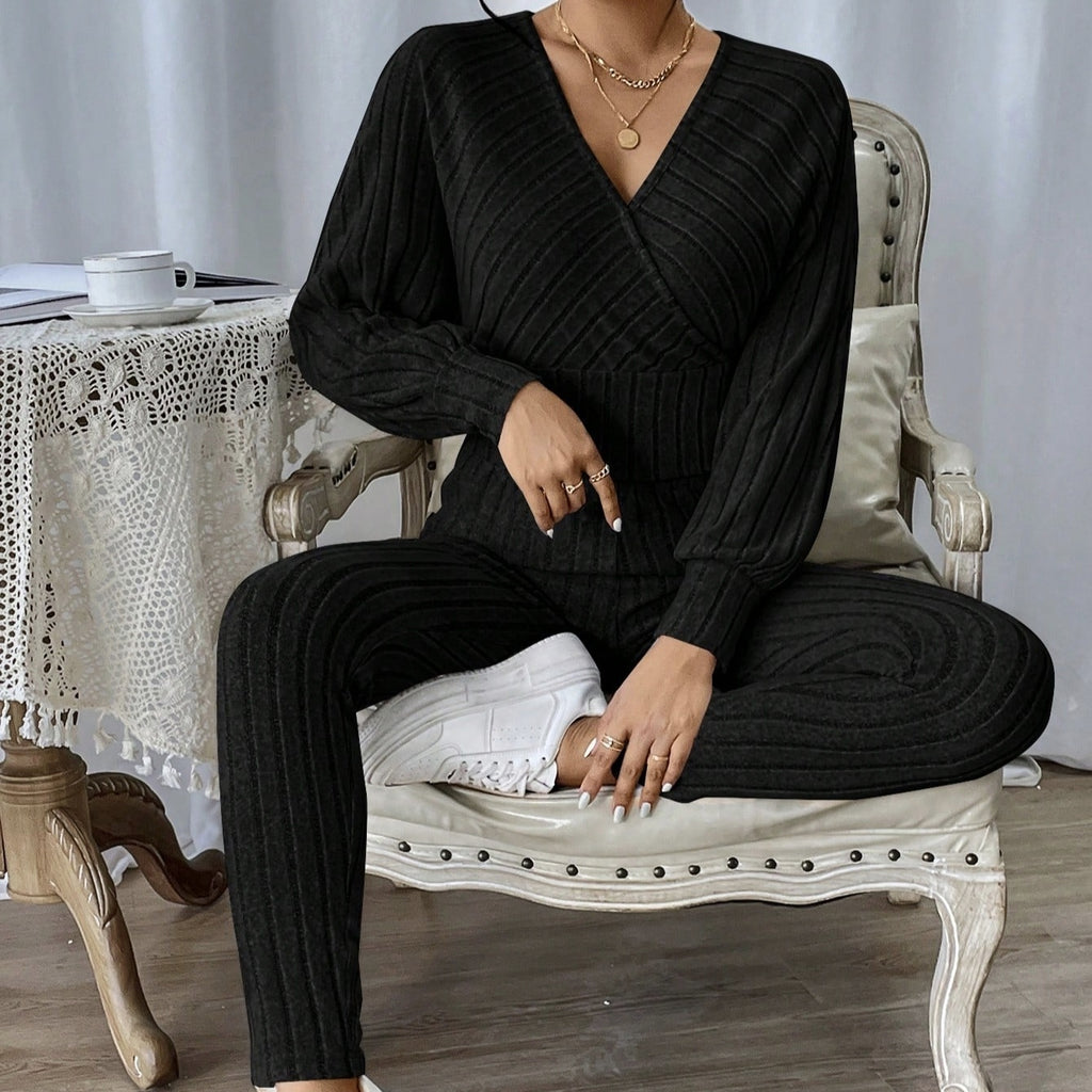 Lightweight Ribbed Knit Long Sleeve Jumpsuit