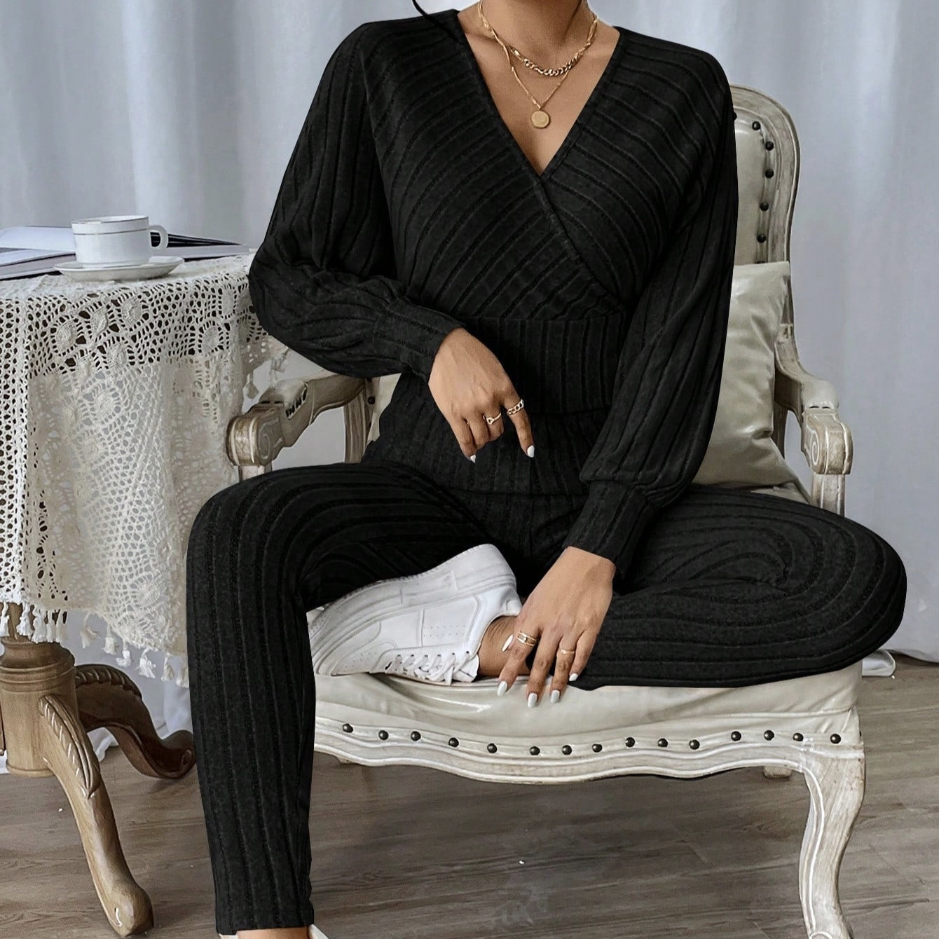 Lightweight Ribbed Knit Long Sleeve Jumpsuit