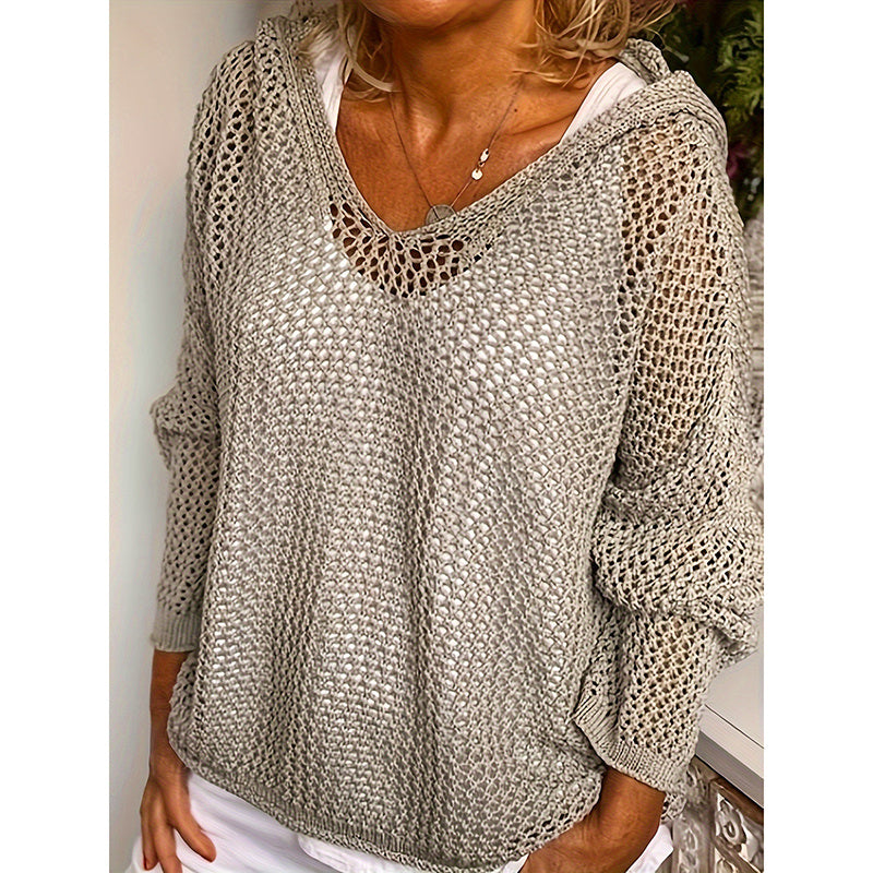 Long-Sleeve Pullover Knit Sweater with Hoodie - Khaki
