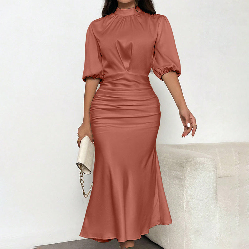 Mock Neck Ruche Midi Dress - Copper
