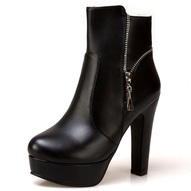 Round Toe High-Heel Soft Leather Ankle Boots - Black