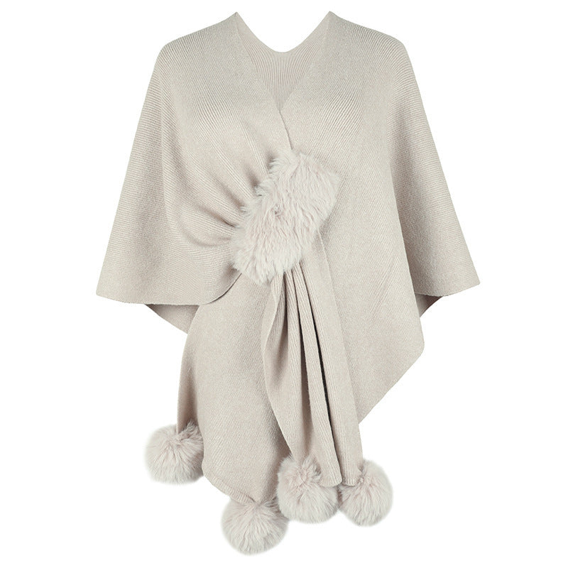 Knitted Cardigan Shawl with Faux Fur Trim